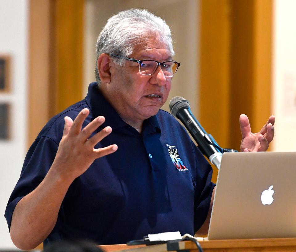 Gordon Yellowman gives a lecture on Cheyenne ledger art at the Old Jail Art Center in Albany June 17.