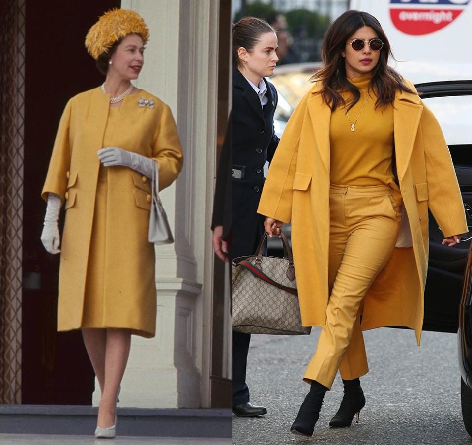 <p>Another Queen Elizabeth ensemble, <a href="https://www.harpersbazaar.com/culture/features/g5584/queen-elizabeth-style/" rel="nofollow noopener" target="_blank" data-ylk="slk:another colourful monochrome set;elm:context_link;itc:0;sec:content-canvas" class="link ">another colourful monochrome set</a>. This time, it's a daring head-to-toe mustard look. Despite the Queen originally wearing the yellow look in 1965 on a trip to Germany, Priyanka Chopra proved that it still works, wearing something similar in London in 2019.</p>