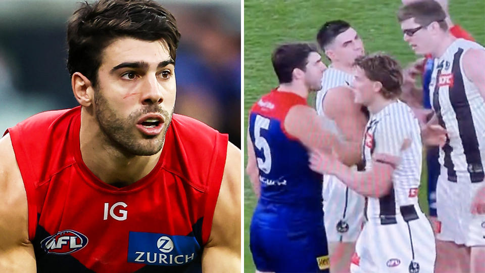 Christian Petracca says his post-game confrontation wioth Collingwood's Mason Cox was a 'heat of the moment' incident. Pictures: Getty Images/Fox Sport