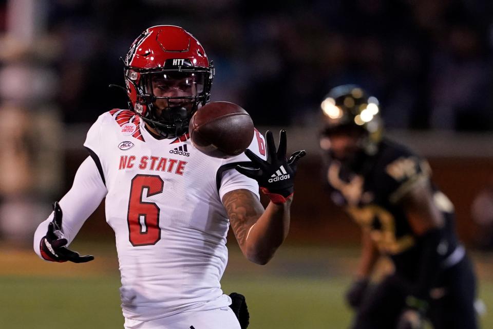 North Carolina State running back Trent Pennix catches a pass against Wake Forest during the first half of an NCAA college football game Saturday, Nov. 13, 2021, in Winston-Salem, N.C. (AP Photo/Chris Carlson)