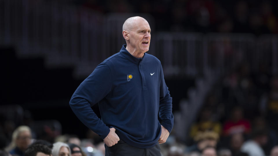 Indiana Pacers head coach Rick Carlisle yells during the first half of an NBA basketball game against the Atlanta Hawks Sunday, March 13, 2022, in Atlanta. (AP Photo/Hakim Wright Sr.)