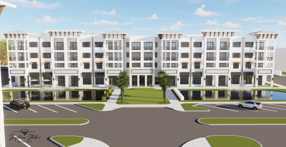 A rendering of the Exchange at Sunset Grove, a new luxury apartment complex with storefronts planned for North Myrtle Beach. Mendel Bell/Mendel Bell
