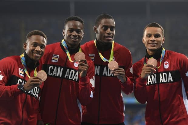 Brown, second from left, with Akeem Haynes, Brendon Rodney and Andre De Grasse after winning bronze in the 4x100 at the Rio Olympics in 2016. 
