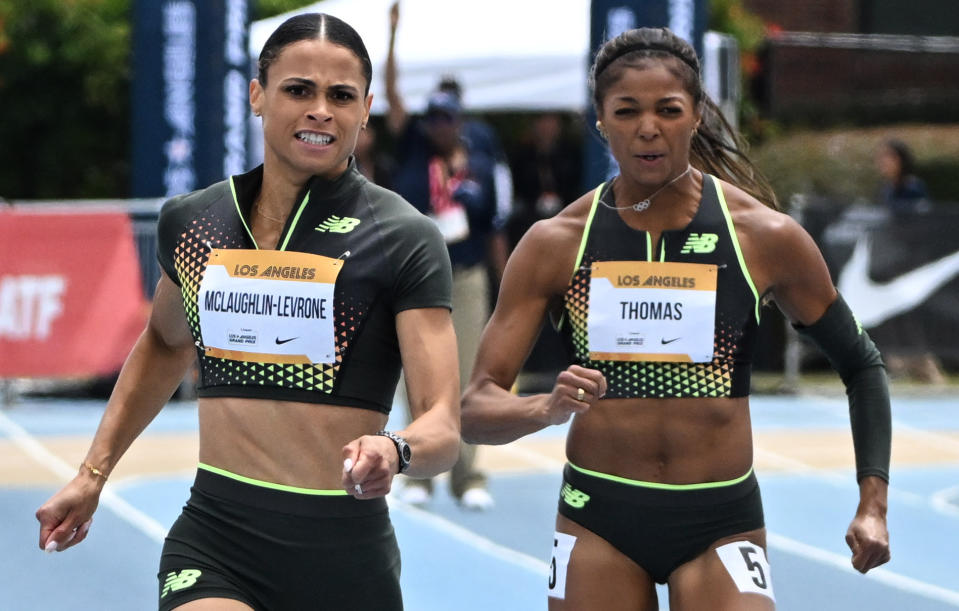 Los Angeles, CA - May 18:  Sydney McLaughlin-Levrone of the USA wins the women's 200m race with a time of 22.07 as Gabby Thomas finished sixth with a time of 22.68 during the USATF Los Angeles Grand Prix track and field meet at Drake Stadium on the campus of UCLA in Los Angeles on Saturday, May 18, 2024. (Photo by Keith Birmingham/MediaNews Group/Pasadena Star-News via Getty Images)
