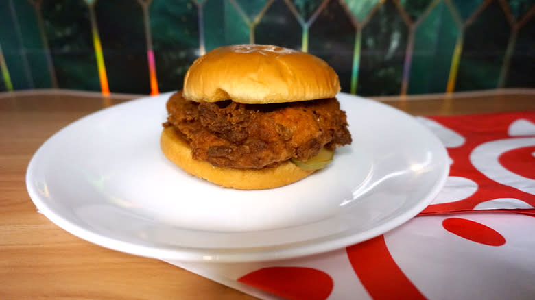 Chick-fil-A burger on white plate