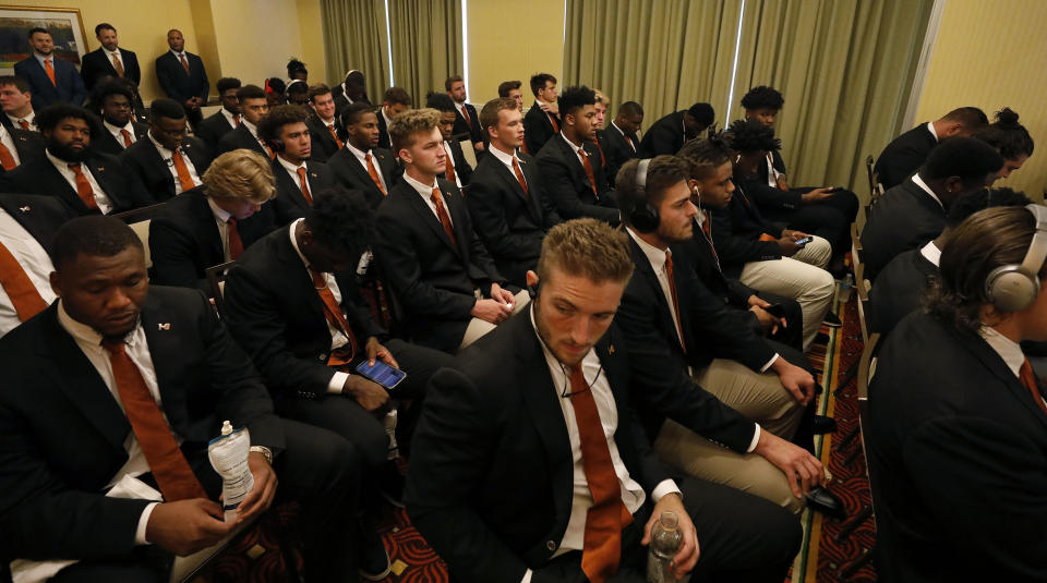 Members of the Texas Longhorns football team attend a meeting prior to the game against the LSU Tigers Saturday Sept. 7, 2019 at the team hotel in Austin, Tx. ( Photo by Edward A. Ornelas )