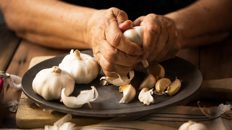 Pair of hands holding bulbs garlic