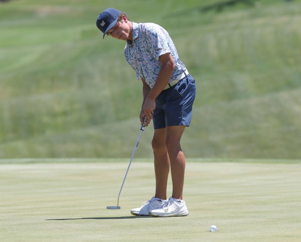 Landon Breisch, who plays for Palm Desert High School, sinks a birdie putt on the first hole at Andalusia during the U.S. Open local qualifier in La Quinta, Calif., May 7, 2024.
(Credit: Jay Calderon/The Desert Sun)