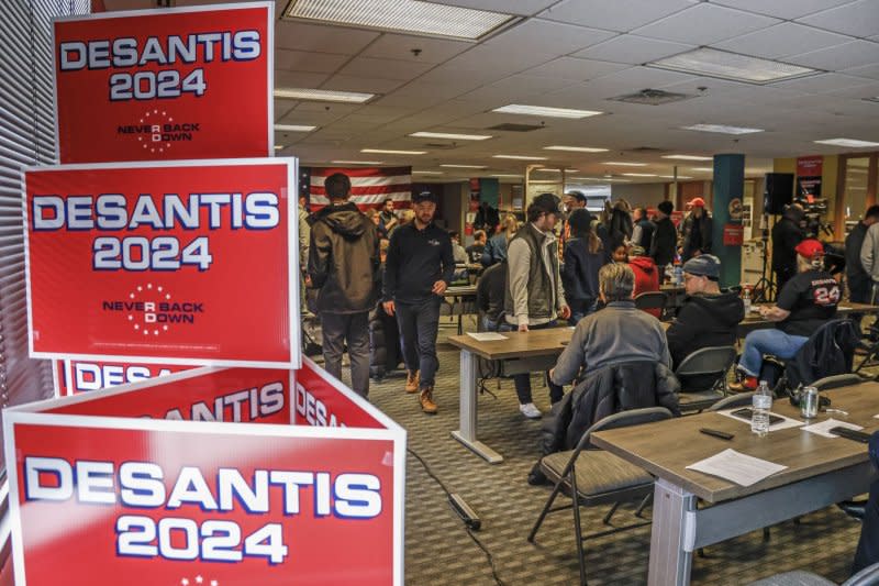 Volunteers work in the Never Back Down Iowa headquarters before Florida Governor and Republican presidential candidate Ron DeSantis arrives to speak to supporters in West Des Moines, Iowa, on January 13, 2024. File Photo by Tannen Maury/UPI