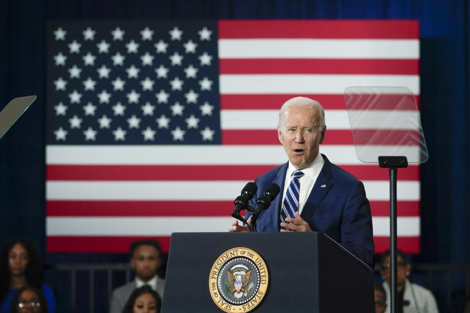 President Joe Biden speaks at North Carolina Agricultural and Technical State University, in Greensboro, N.C., Thursday, April 14, 2022. (AP Photo/Carolyn Kaster)