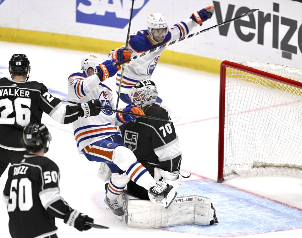 Los Angeles Kings goalie Joonas Korpisalo (70) reacts after giving up a goal to Edmonton Oilers' Klim Kostin, not seen, during the first period in Game 6 of an NHL hockey Stanley Cup first-round playoff series in Los Angeles on Saturday, April 29, 2023. (Keith Birmingham