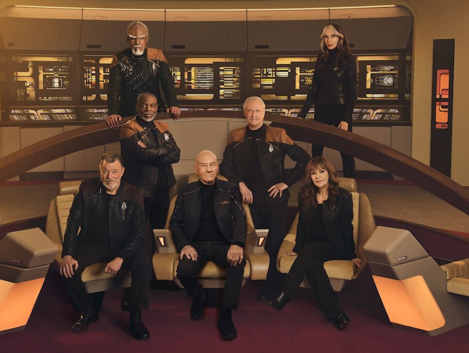 Jonathan Frakes as Riker, Sir Patrick Stewart as Picard, Brent Spiner as Data, LeVar Burton as Geordi, Michael Dorn as Worf and Gates McFadden as Beverly Crusher in Star Trek: Picard on Paramount+.  Photo Cr: Sarah Coulter/Paramount+. � 2023 CBS Studios Inc. All Rights Reserved.
