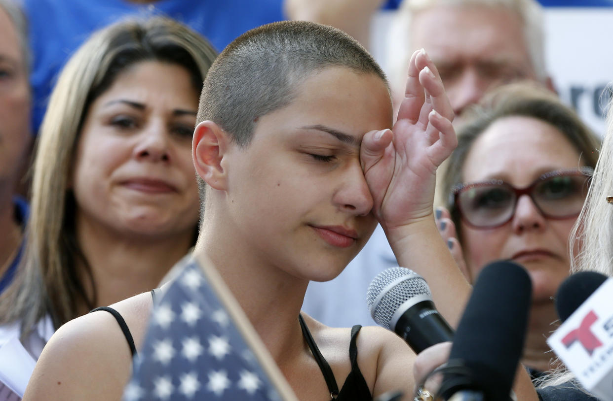 Marjory Stoneman Douglas High School student Emma Gonzalez speaks at a rally for gun control at the Broward County Federal Courthouse in Fort Lauderdale, Fla., on Feb. 17, 2018. (Photo: Rhona Wise/AFP/Getty Images)