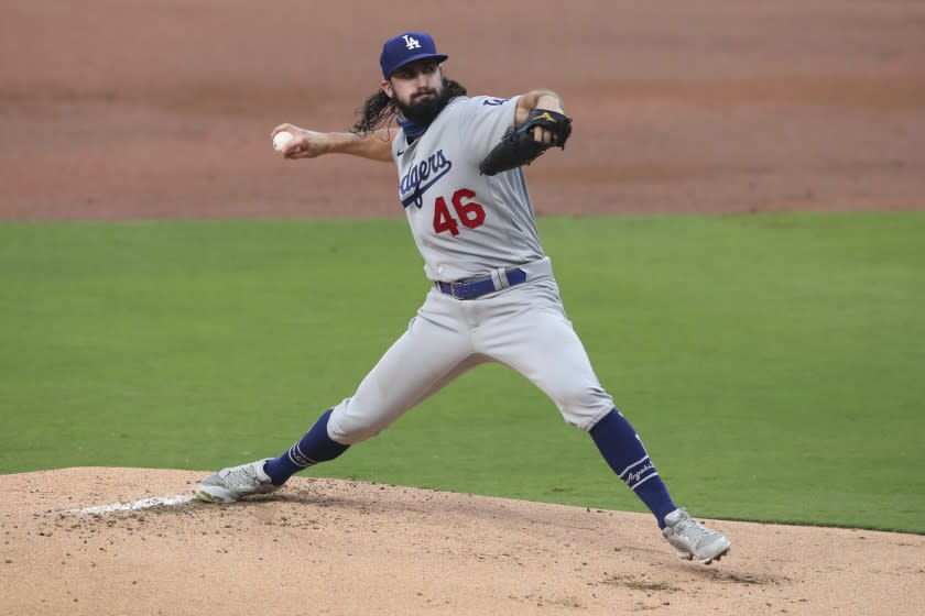 Los Angeles Dodgers starting pitcher Tony Gonsolin delivers a pitch against the San Diego Padres in the first inning of a baseball game Tuesday, Sept. 15, 2020, in San Diego. (AP Photo/Derrick Tuskan)