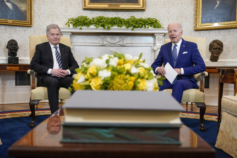 President Joe Biden meets with Finnish President Sauli Niinisto in the Oval Office of the White House, Friday, March 4, 2022, in Washington. (AP Photo/Patrick Semansky)