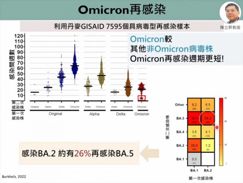 丹麥針對7595個具病毒型再感染樣本的研究指出，Omicron較其他非Omicron病毒株，再感染周期更短，感染BA.2約有26％再感染BA.5，BA.2感染者最快10周就會再度感染BA.5。（圖取自新冠肺炎科學防疫園地）