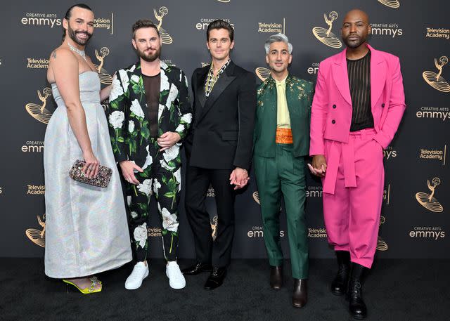 <p>Michael Buckner/Variety via Getty</p> Jonathan Van Ness, Bobby Berk, Antoni Porowski, Tan France and Karamo Brown at the 2022 Creative Arts Emmy Awards .