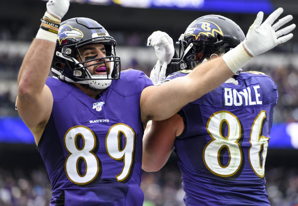 Baltimore Ravens tight end Mark Andrews (89) had a fun celebration after scoring on the 49ers. (Photo by Mark Goldman/Icon Sportswire via Getty Images)