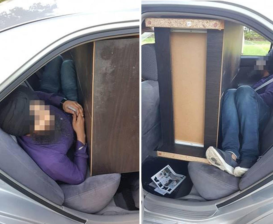 The man was squeezed in tightly next to the cabinet. Source: Traffic and Highway Patrol Command - NSW Police/ Facebook