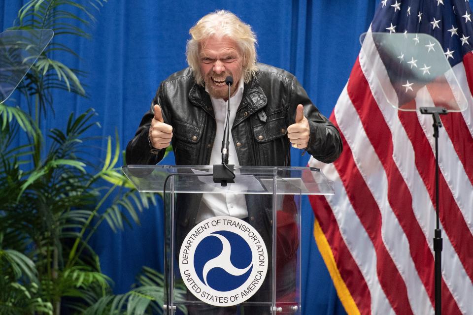 TOPSHOT - Virgin Galactic founder Sir Richard Branson speaks during a ceremony to award test pilots  Mark 'Forger' Stucky and Frederick 'CJ' Sturckow their FAA commercial astronaut wings during a ceremony at the Department of Transportation in Washington, DC, on February 7, 2019. (Photo by Jim WATSON / AFP)        (Photo credit should read JIM WATSON/AFP/Getty Images)