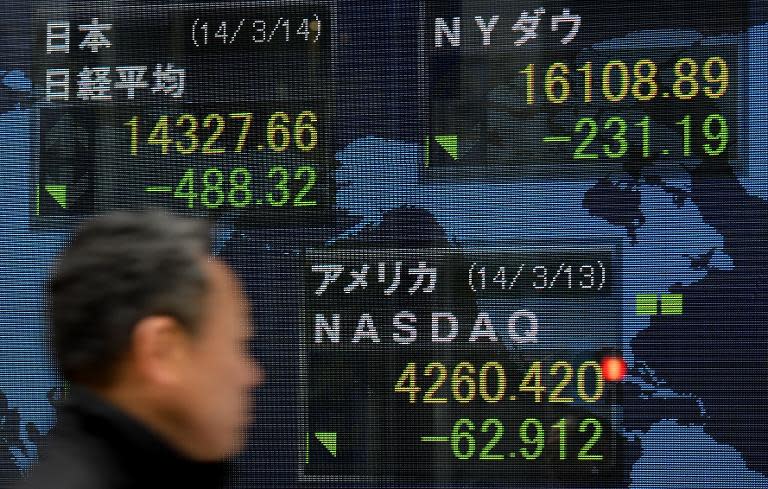 A man walks past an electric quotation board showing stock market indexes of Tokyo and New York in front of a securities company in Tokyo on March 14, 2014