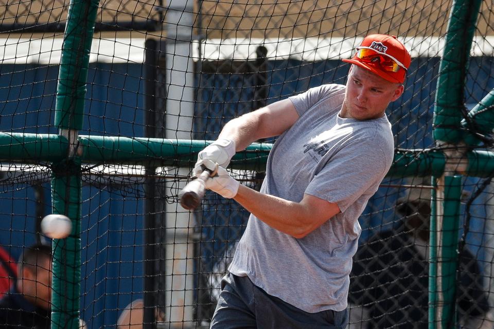 Detroit Tigers outfielder Parker Meadows bats at practice during spring training at TigerTown in Lakeland, Fla. on Friday, Feb. 16, 2024.