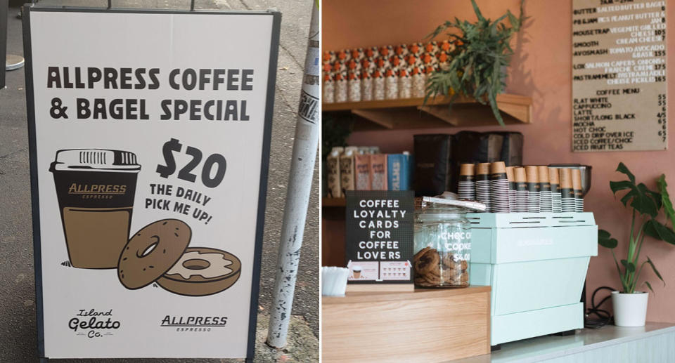 Coffee and bagel $20 special advertised in New Zealand. 