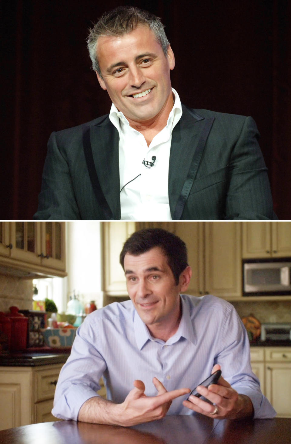 A close-up of Matt LeBlanc, above a shot of Ty Burrell in Modern Family