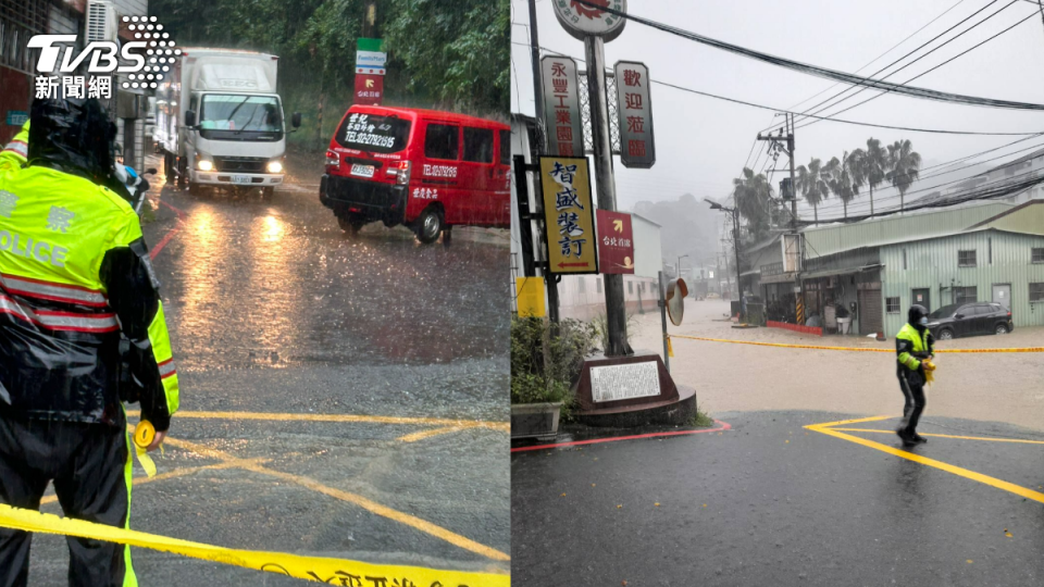 新北午後大雨導致多處地區淹水暫時無法通行。（圖／TVBS）