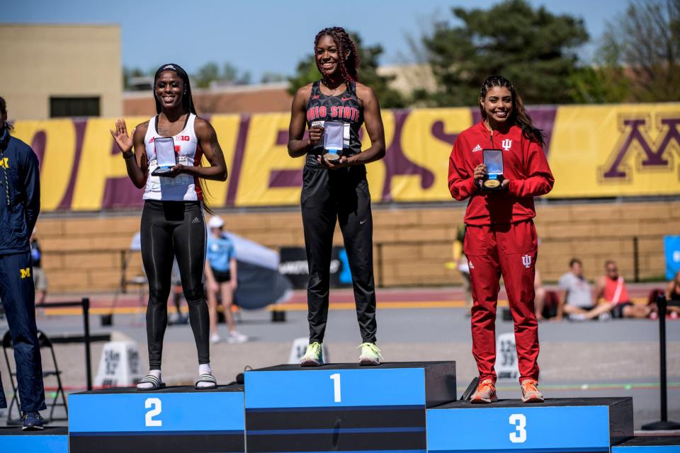 Ohio State senior Alexus Pyles finished first in women's long jump at the Big Ten Outdoor Championships. She also won the heptathlon.