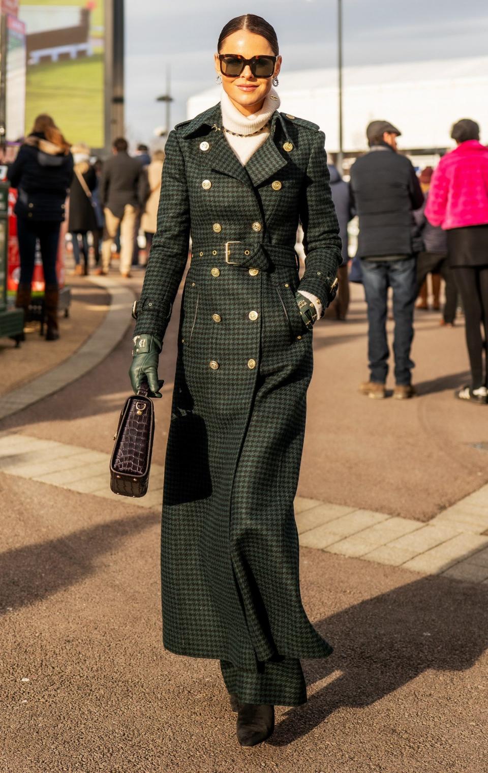 Jade Holland Cooper wears an emerald green houndstooth set at the Cheltenham Festival