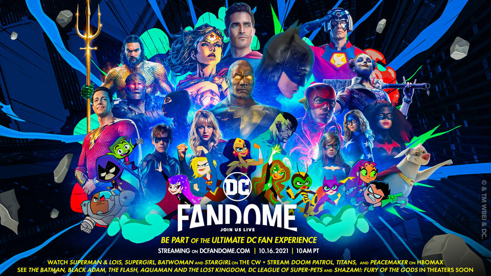 A collage of DC film, tv, and comic book characters for DC FanDome 2021