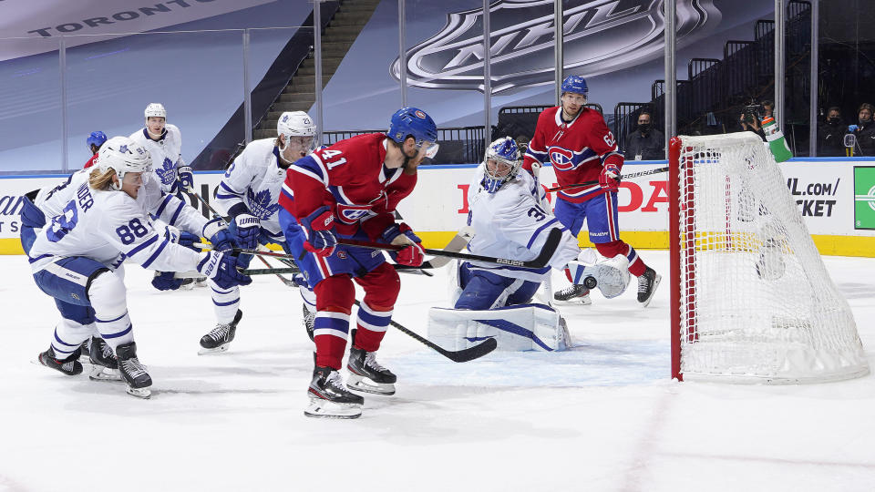 TORONTO, ONTARIO - JULY 28:Paul Byron #41 of the Montreal Canadiens scores on a backhand shot against goaltender Frederik Andersen #31 of the Toronto Maple Leafs in the third period of an exhibition game prior to the 2020 NHL Stanley Cup Playoffs at Scotiabank Arena on July 28, 2020 in Toronto, Ontario. (Photo by Mark Blinch/NHLI via Getty Images)