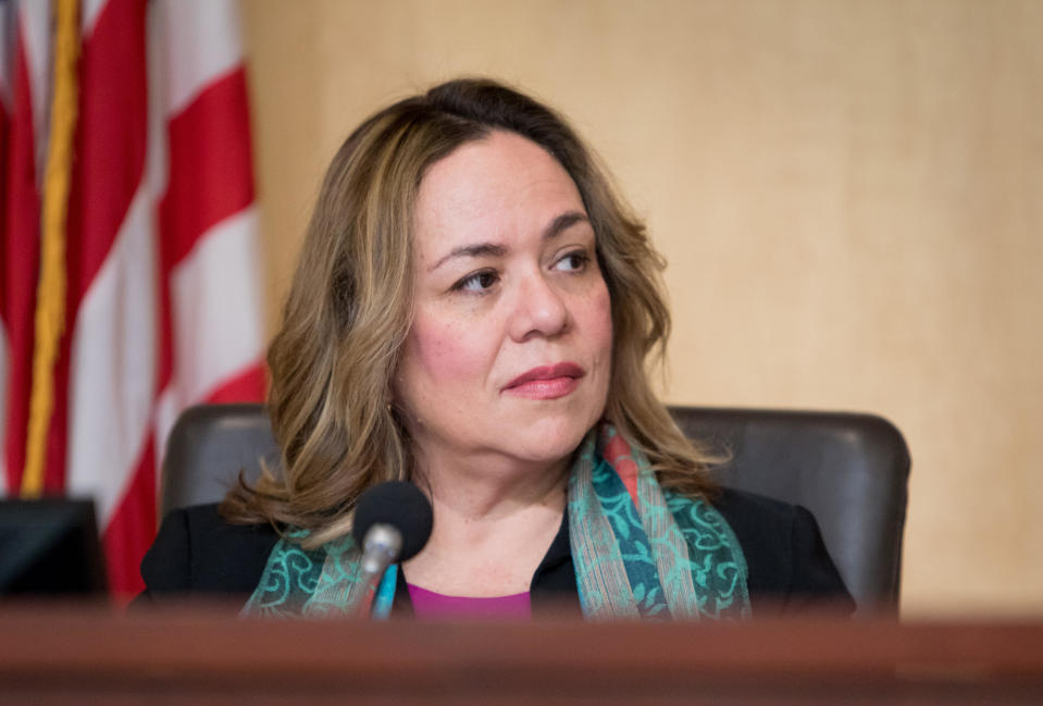 Nancy Navarro, president of the Montgomery County Council, listens during a hearing in Rockville, Maryland., on January 15, 2019. / Credit: Cheryl Diaz Meyer for The Washington Post via Getty Images