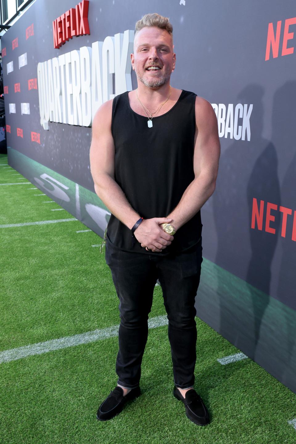 Pat McAfee attends the Netflix Premiere of "Quarterback" at Netflix Tudum Theater on July 11, 2023 in Los Angeles, California.