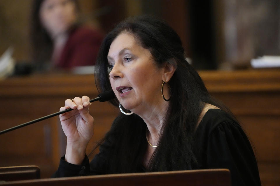 Mississippi State Sen. Angela Hill, R-Picayune, addresses the legislators in the Senate Chamber at the state Capitol in Jackson, Miss., Thursday, May 2, 2024. (AP Photo/Rogelio V. Solis)