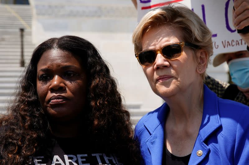 U.S. Rep. Cori Bush highlights the upcoming expiration of the pandemic-related federal moratorium on residential evictions, in Washington