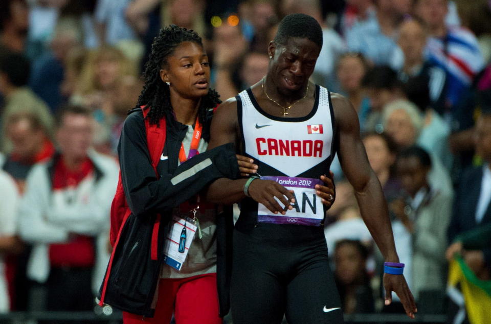 Canada loses bronze medal in the Olympic men’s 4x100 relay because of Jared Connaughton’s lane violation.