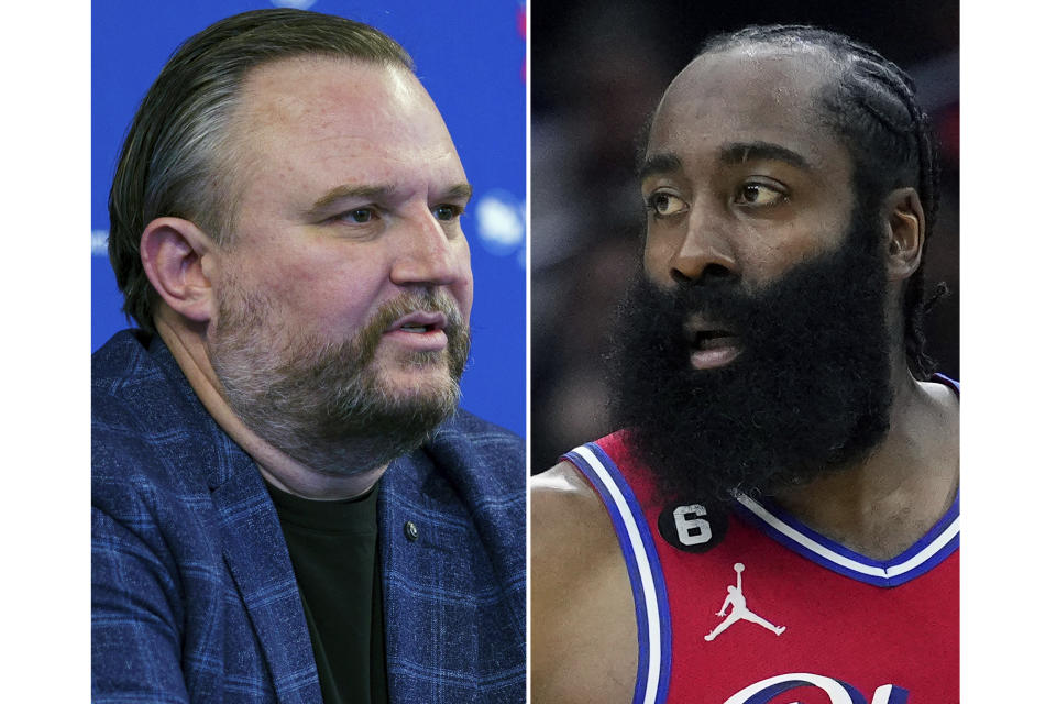 FILE - Philadelphia 76ers general manager Daryl Morey, left, in Camden, N.J., Feb. 15, 2022. 76ers' James Harden, right, in Philadelphia, March 31, 2023. Disgruntled Philadelphia 76ers guard James Harden is expected to report to training camp Wednesday, Oct. 4, 2023, in Colorado despite a fractured relationship with the front office and his demand for a trade. (AP Photo/File)
