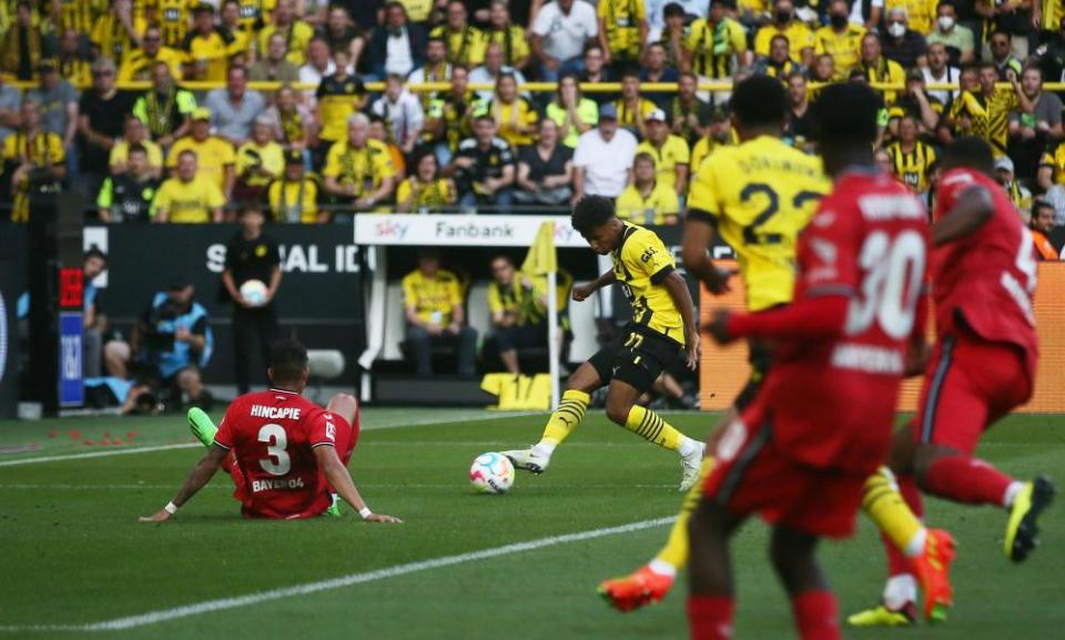 Karim Adeyemi (centre) looked bright for Dortmund before coming off injured.