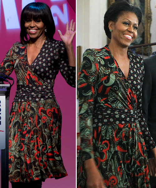 <div class="caption-credit">Photo by: AP Images/Getty Image</div><b>Etro printed wrap dress</b> <br> We love an easy, grab-and-go wrap dress and so does Michelle Obama. We've spotted her in this bold Etro dress on at least three occasions. She wore it to the International Women of Courage awards in March 2013 (left), the National Medal of Arts and Humanities Medal in February 2012 (right), and while campaigning in Leesburg, Virginia in October 2012 (not pictured). <br>