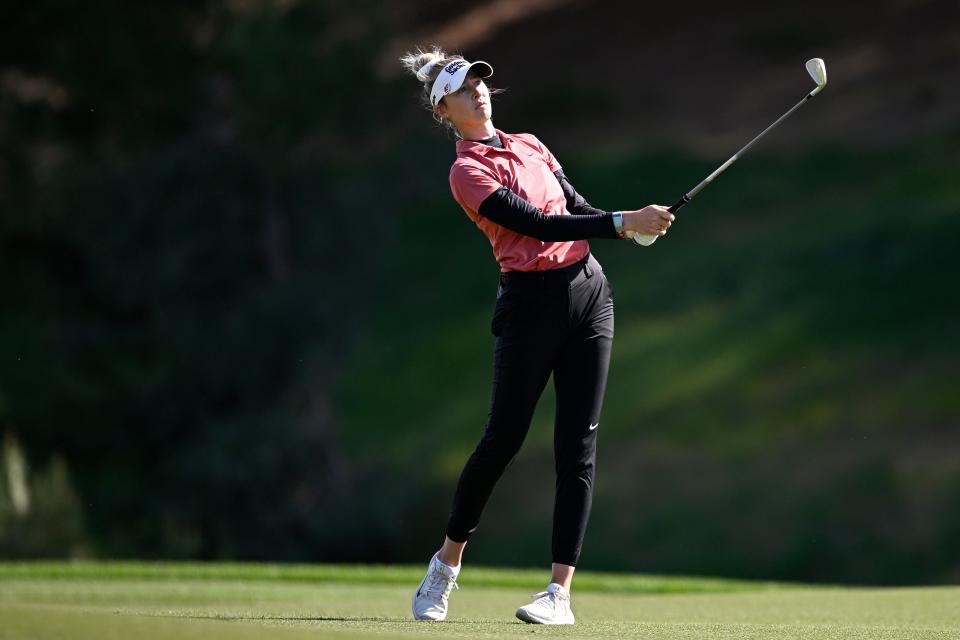 Nelly Korda plays her shot on the ninth hole during the final of the 2024 T-Mobile Match Play at Shadow Creek in Las Vegas. (Photo: Orlando Ramirez/Getty Images)