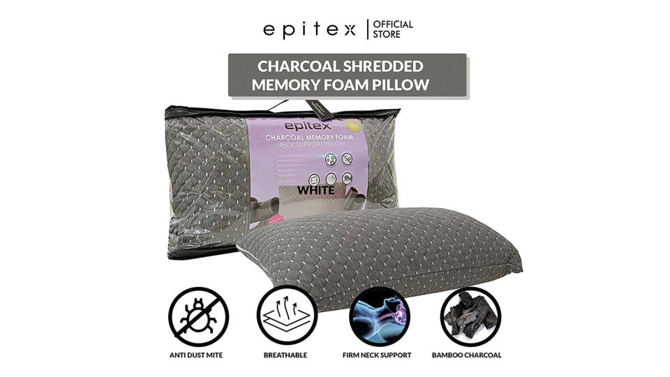 [1 + 1] Epitex Charcoal Shredded Memory Foam Neck Support Pillow | Firm Neck Pillow. (Photo: Shopee SG)