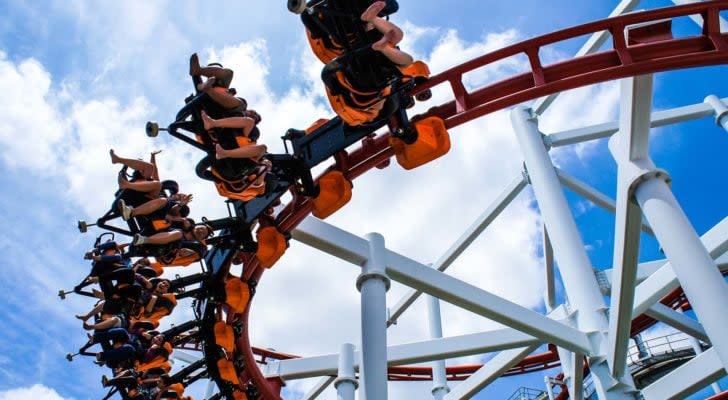 A close-up shot of a roller coaster with the blue sky in the background.