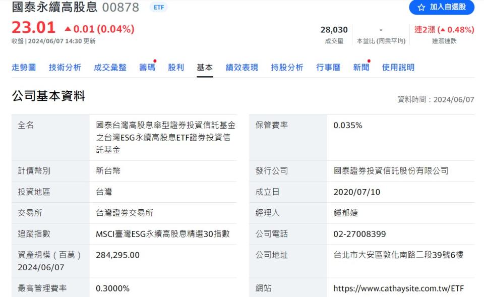 到Yahoo股市中搜尋ETF代號，以00878為例，進入ETF的頁面後點選「基本」，就可在公司基本資料上找到追蹤指數資訊。