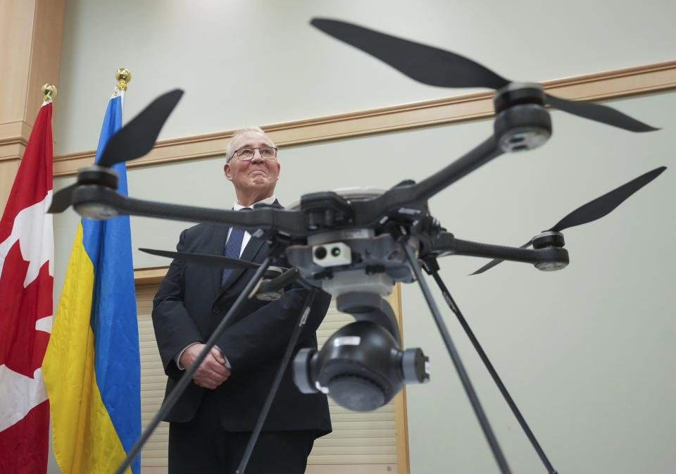 Minister of National Defence Bill Blair makes an announcement regarding additional SkyRanger R70 drone support to Ukraine in Toronto, Monday, Feb. 19, 2024. (Nathan Denette/The Canadian Press via AP)