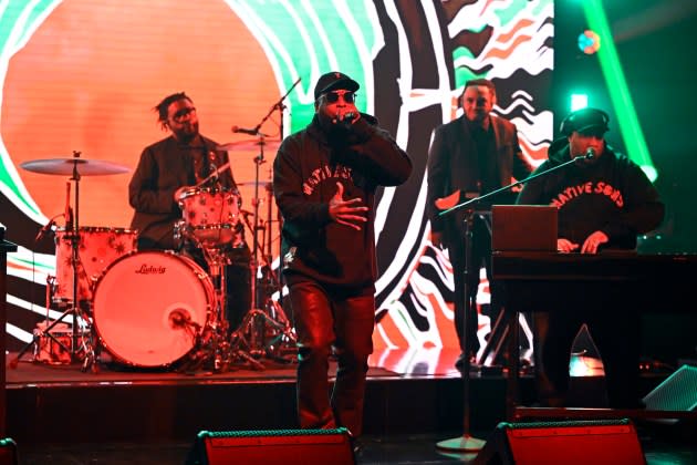 Talib Kweli and J. Rawls perform with the Roots on 'The Tonight Show.'  - Credit: Todd Owyoung/NBC via Getty Image