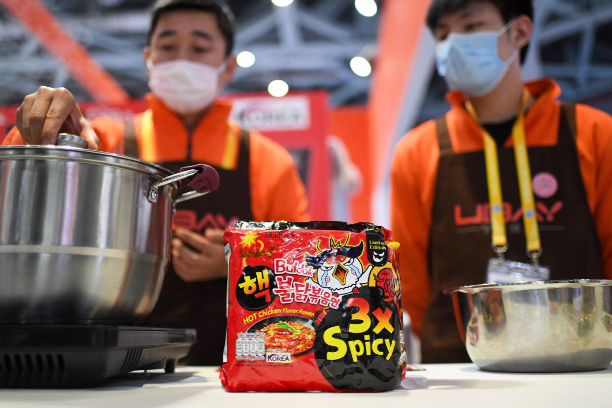 Buldak Samyang 3 x Spicy & Hot Chicken at Food and Agricultural Products Expo Xinhua/Chen Yehua via Getty Images