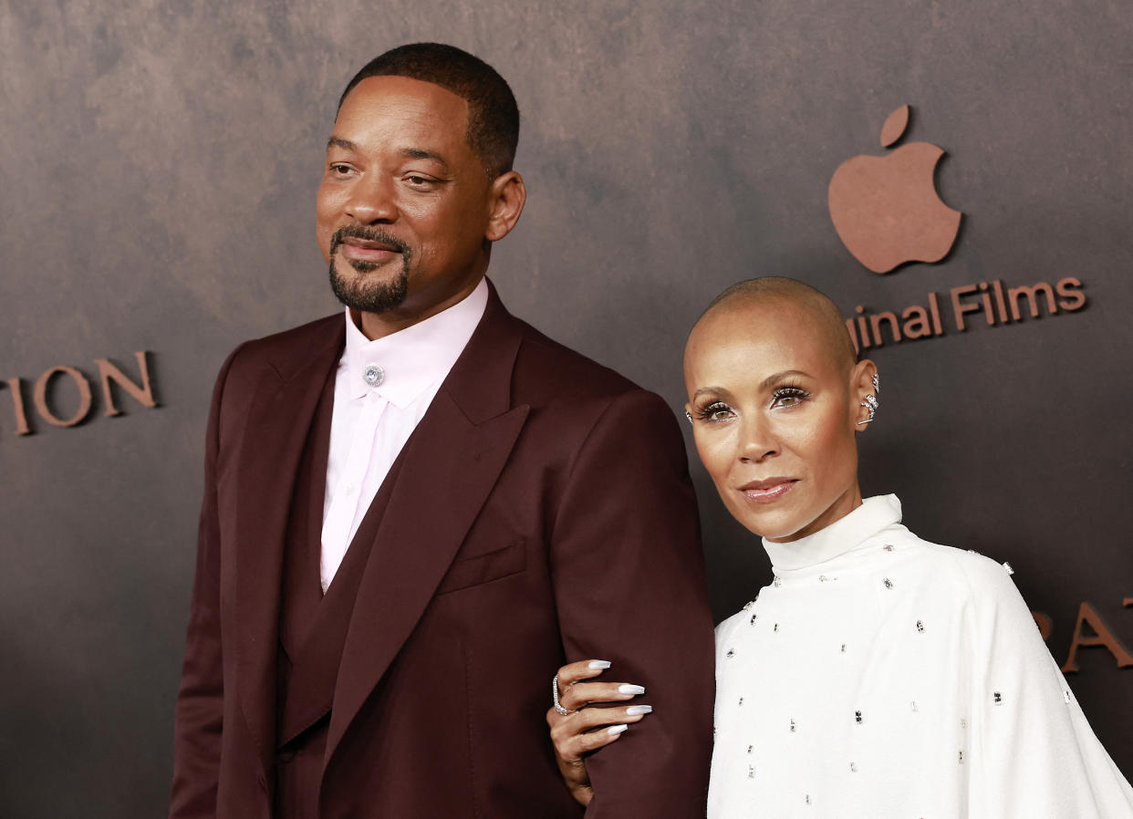 US actor Will Smith and his wife actress Jada Pinkett Smith arrive for the premiere of Apple Original Films' 