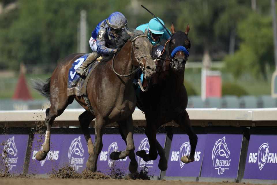 Junior Alvarado rides Cody's Wish, left, as he leads Flavien Prat riding National Treasure to win the Breeders' Cup Dirt Mile horse race Saturday, Nov. 4, 2023, at Santa Anita Park in Arcadia, Calif. (AP Photo/Ashley Landis)